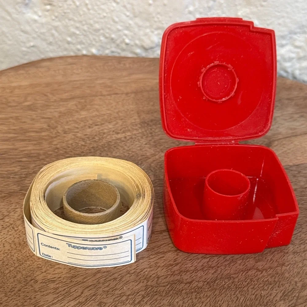 Vintage Tupperware Label Dispenser Red Container with Roll of Labels